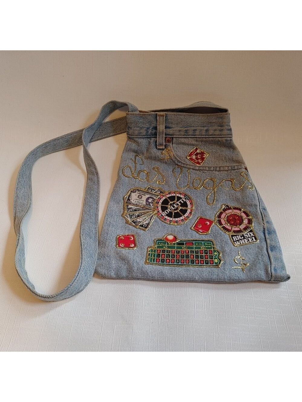 LUCKY LAS VEGAS BLING PATCH PURSE GLITTER GEL PAINT LEVIS JEANS PURSE